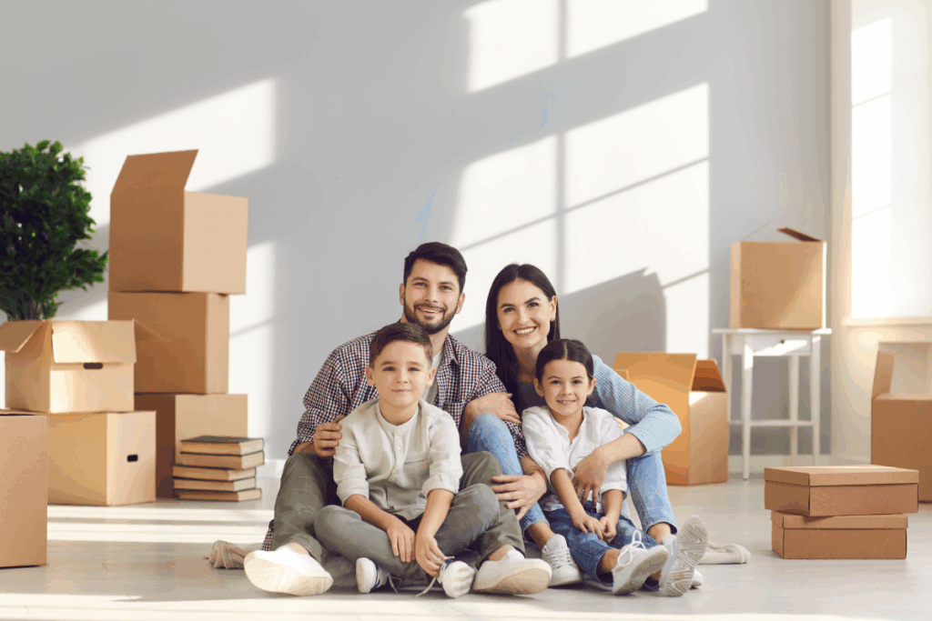 family happy in light bright living space packing to move