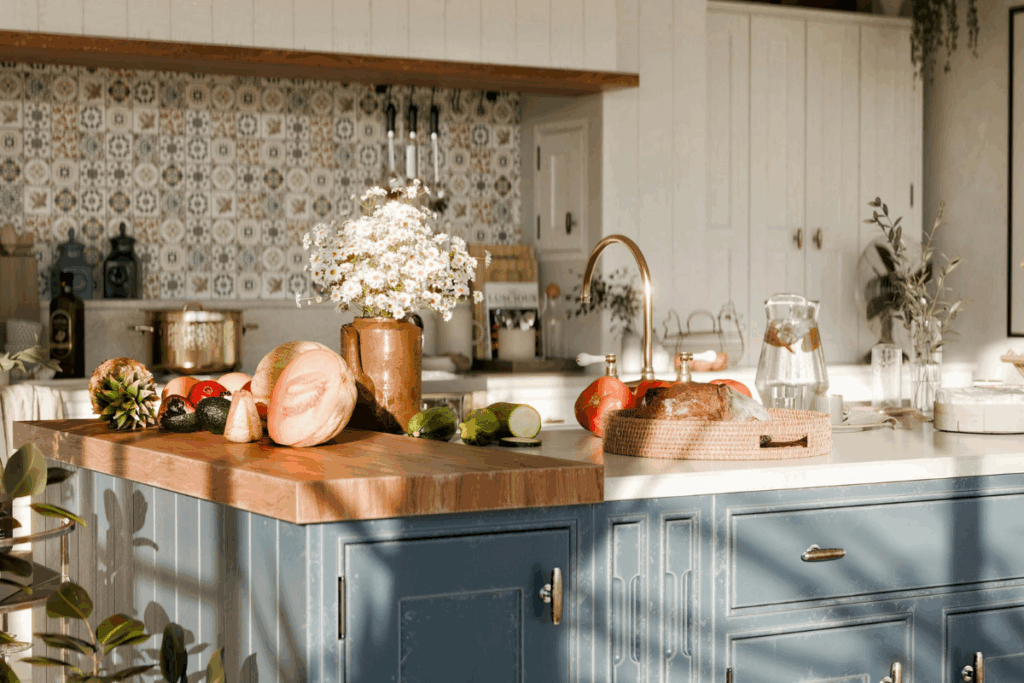 Kitchen renovation with detailed styling, two-toned cabinets and lovely lighting
