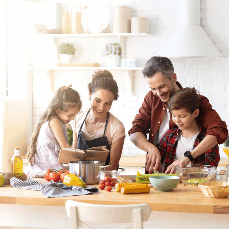 Kitchen, family cooking together, staged neutral design, Augusta GA