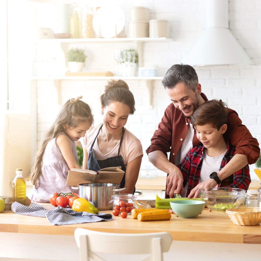 Kitchen, family cooking together, staged neutral design, Augusta GA