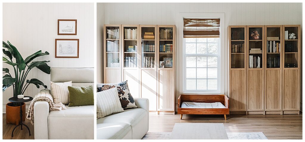 Modern living room with book shelves, organic textures, white oak, granite, mid-century